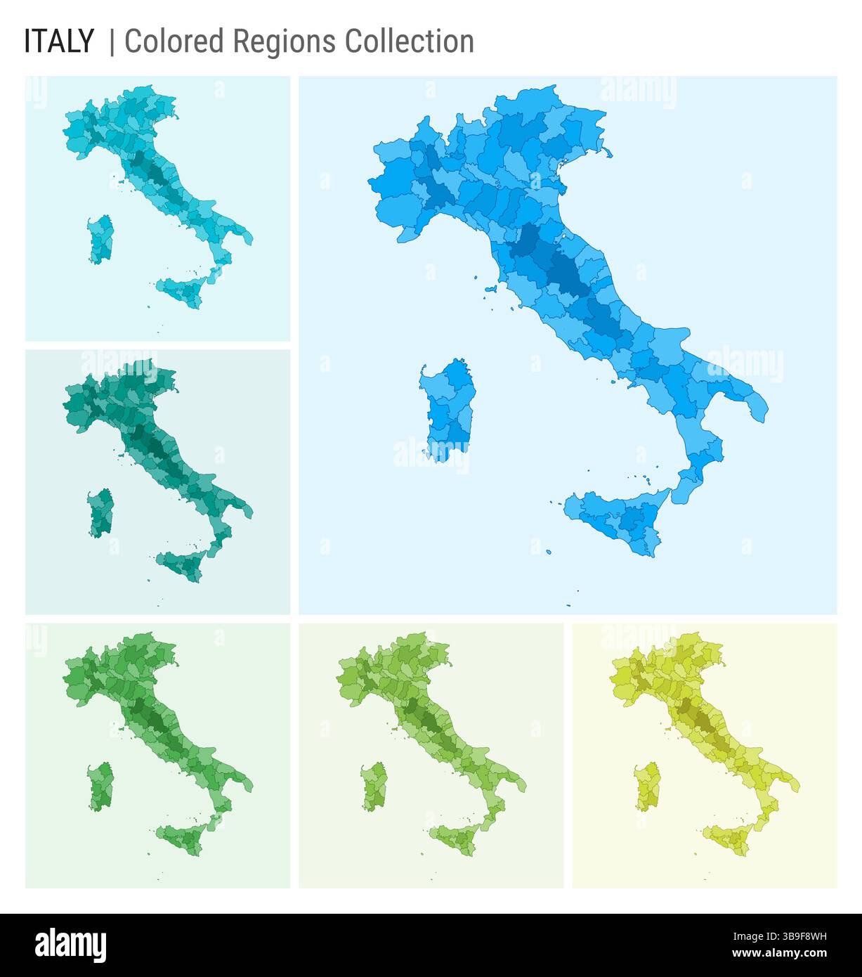 Collezione di mappe per l'Italia. Forma del paese con regioni colorate. Azzurro, ciano, verde, verde chiaro, tavolozze di colori lime. Illustrazione Vettoriale