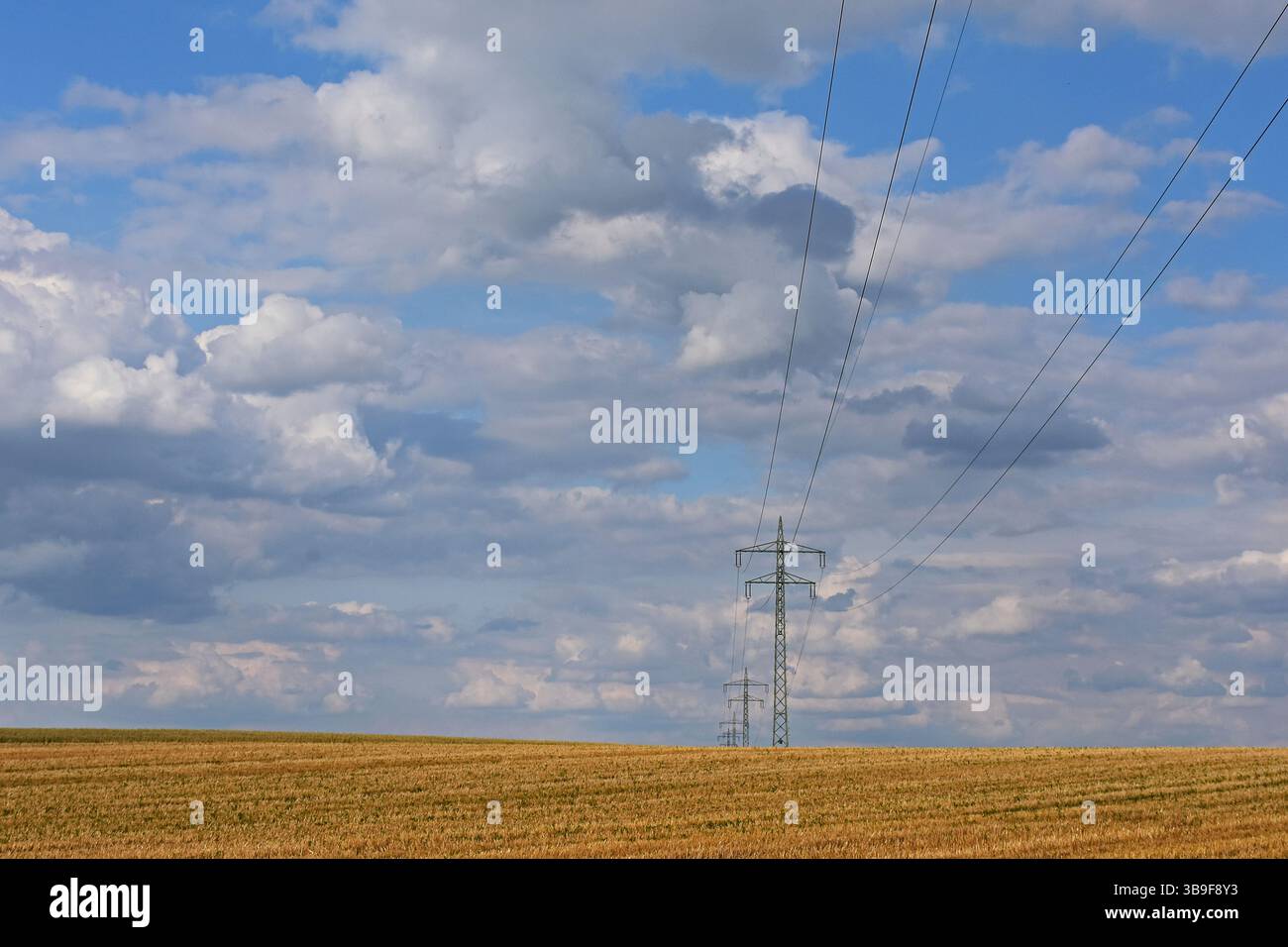 Cumulus nuvole sopra una linea elettrica in un campo di stoppia nella regione di Hallertau Foto Stock