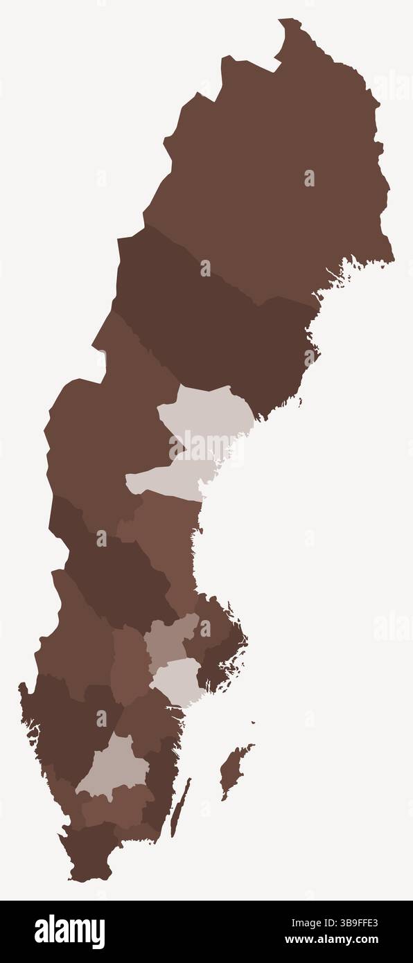 Mappa della Svezia con le regioni. Solo una semplice mappa di confine con la divisione della regione. Tavolozza dei colori marrone. Illustrazione Vettoriale