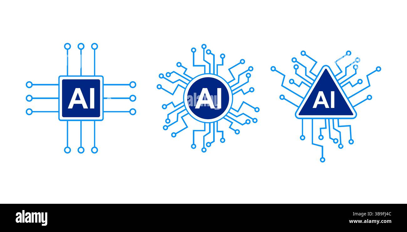 Icone dei chip ai, illustrazione del circuito di intelligenza artificiale collezione blu con forma quadrata, circolare, triangolare. Illustrazione Vettoriale