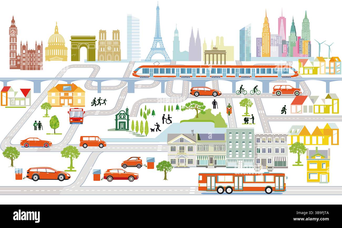 Città con traffico e case Panorama, illustrazione informativa Foto Stock