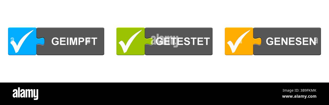 3 pulsanti di puzzle mostrano: Vaccinato, testato, recuperato Foto Stock