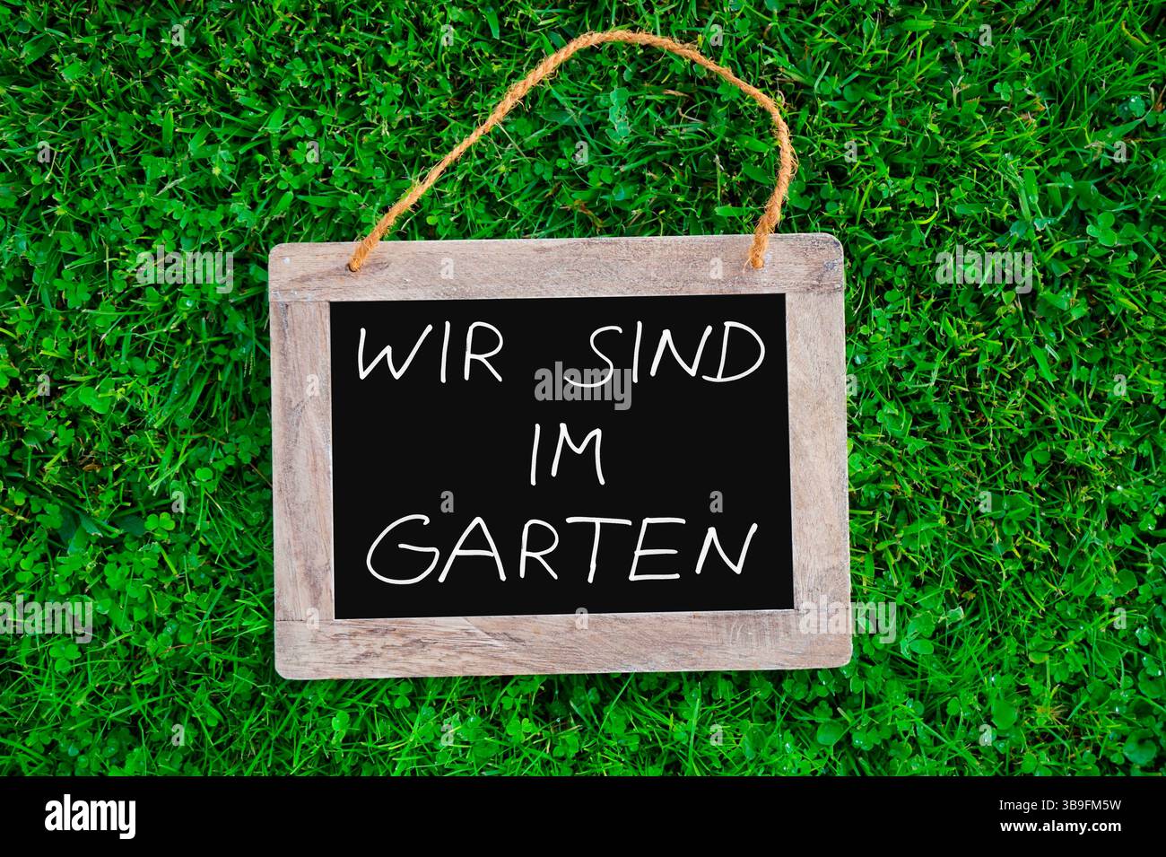 Siamo nel giardino - bordo con iscrizione nell'erba Foto Stock