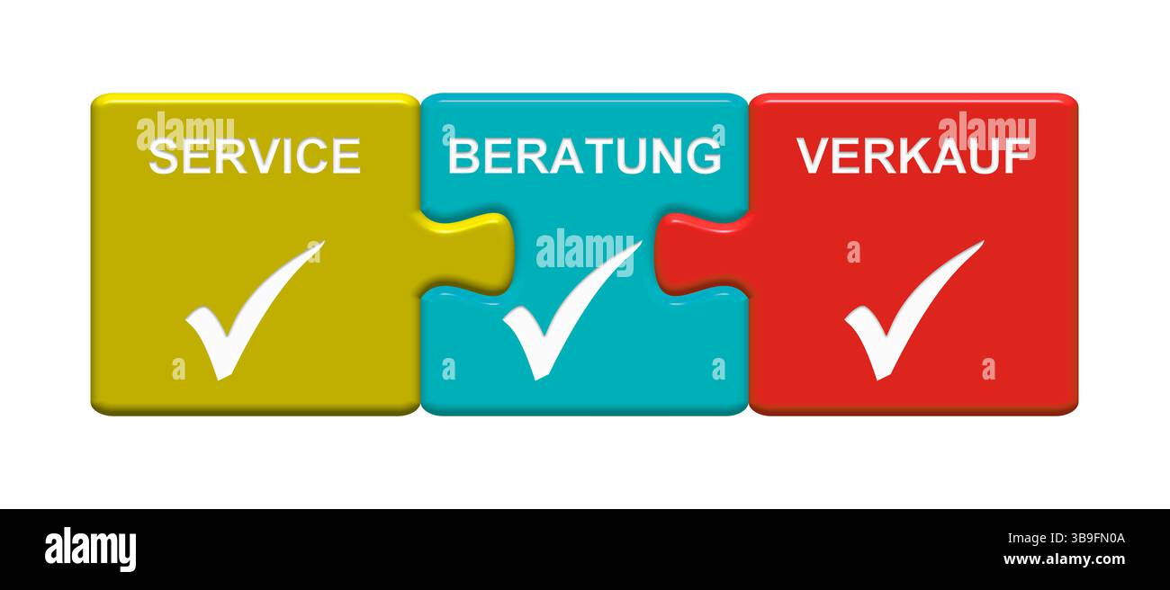 I 3 pulsanti del puzzle mostrano assistenza, consulenza, vendite Foto Stock