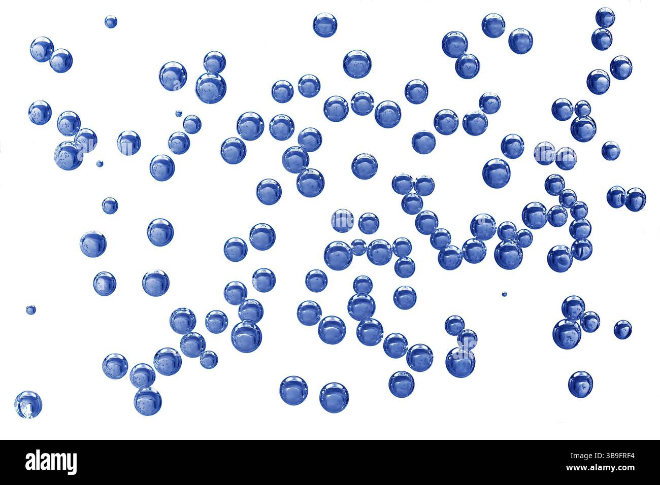 Bolle d'aria in blu su sfondo bianco, fotografia Foto Stock