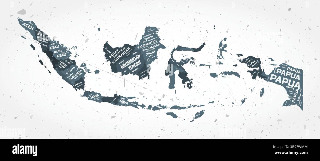 Nuvole di parole nelle regioni dell'Indonesia. Forma del paese su sfondo testurizzato. Design indonesiano in stile tipografico. Incredibile illustrazione vettoriale. Illustrazione Vettoriale