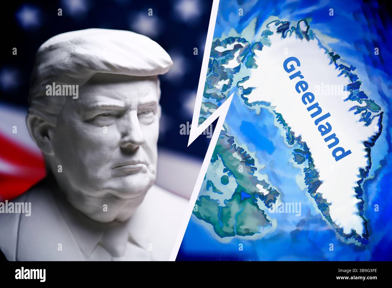 Busto del presidente degli Stati Uniti Donald Trump e mappa della Groenlandia, fotomontaggio Foto Stock