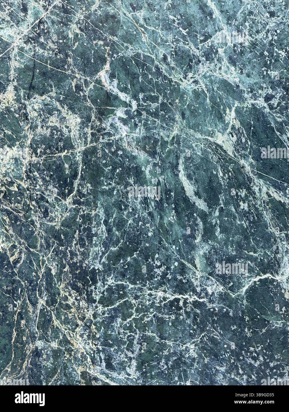 Immagine ad alta risoluzione di marmo verde che mostra intricate vene bianche, ideale per sfondi, progetti architettonici o progetti digitali che richiedono un'immagine Foto Stock