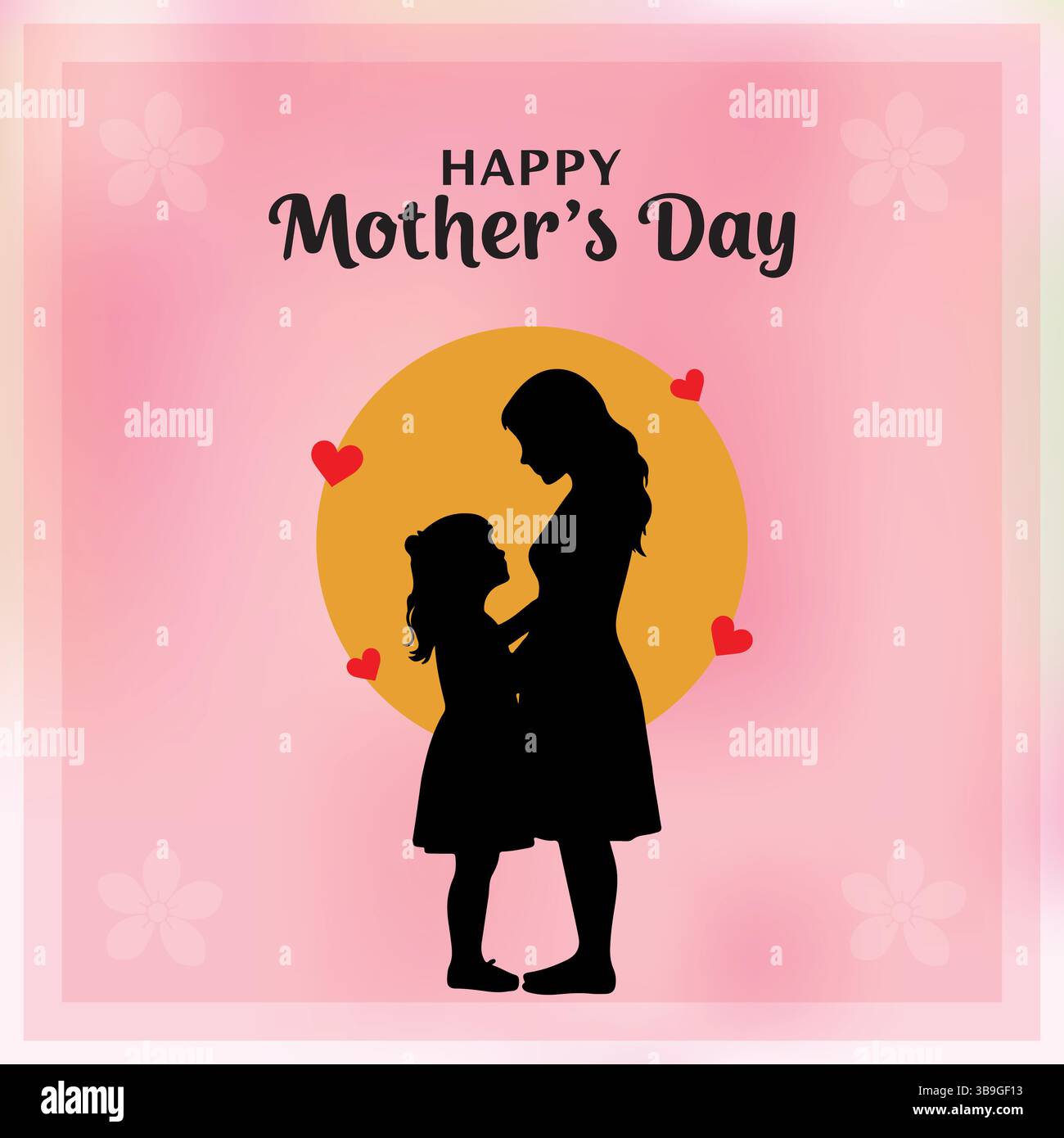 Buona festa della mamma , silhouette della mamma e della figlia , silhouette della festa della mamma con figlia su sfondo floreale rosa Illustrazione Vettoriale