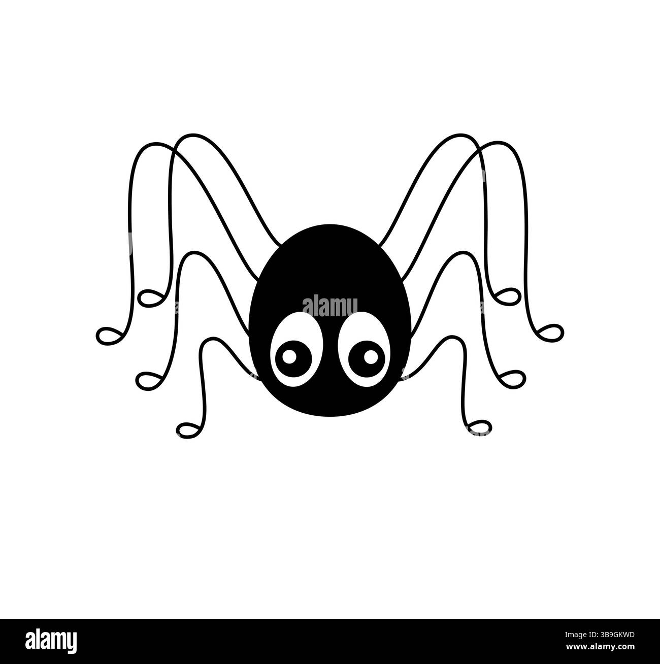 Spider divertente creatura di cartoni animati con grandi occhi, otto gambe disegnate a mano, grafica vettoriale. Elemento di design simpatico e spettrale, per le feste di Halloween, progetti, adesivi e decorazioni a tema insetti Illustrazione Vettoriale