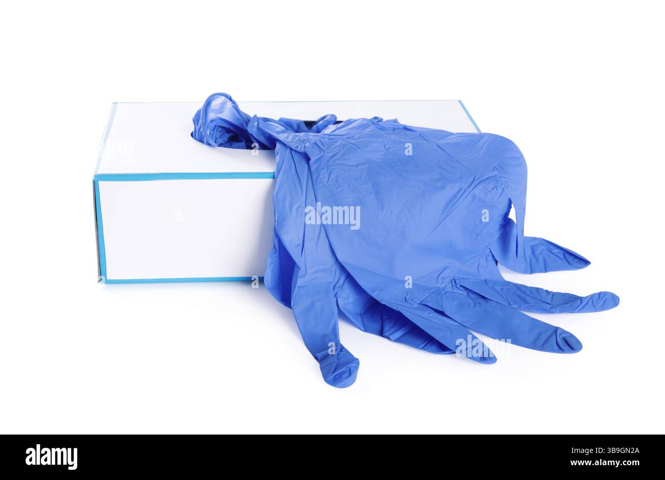 Guanti medici blu e scatola isolata su bianco Foto Stock