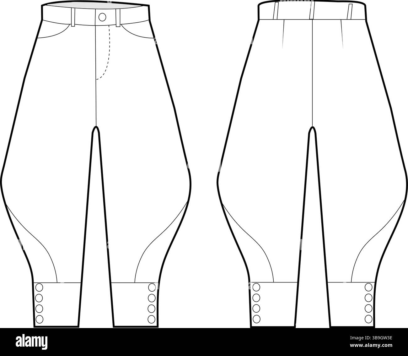 Pantaloni con polsini a bottone e profilo affusolato dal design minimalista e tecnico - schizzo di indumenti alla moda Illustrazione Vettoriale