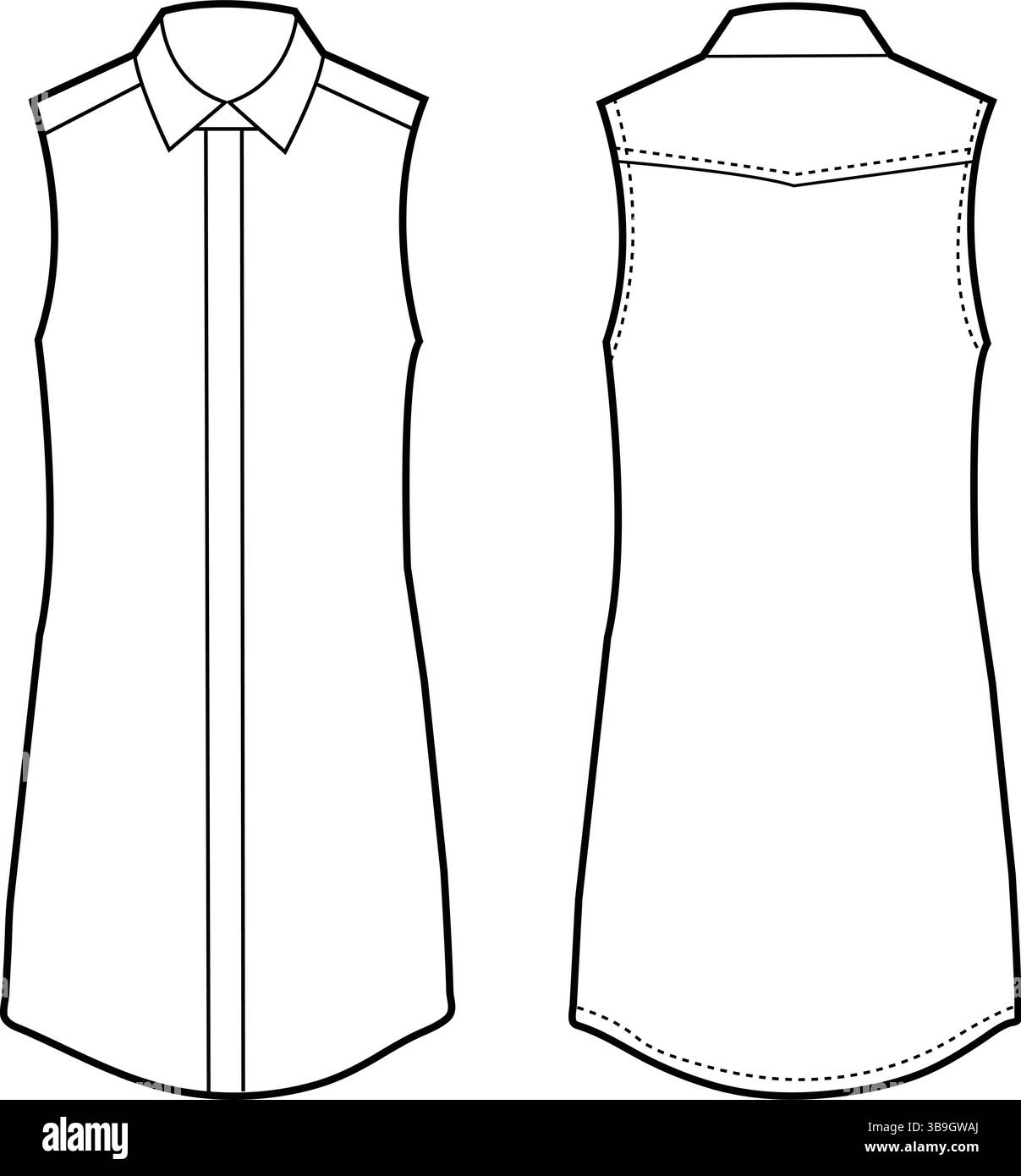Schizzo piatto minimalista di un abito camicia senza maniche con colletto – illustrazione tecnica sul davanti e sul retro Illustrazione Vettoriale