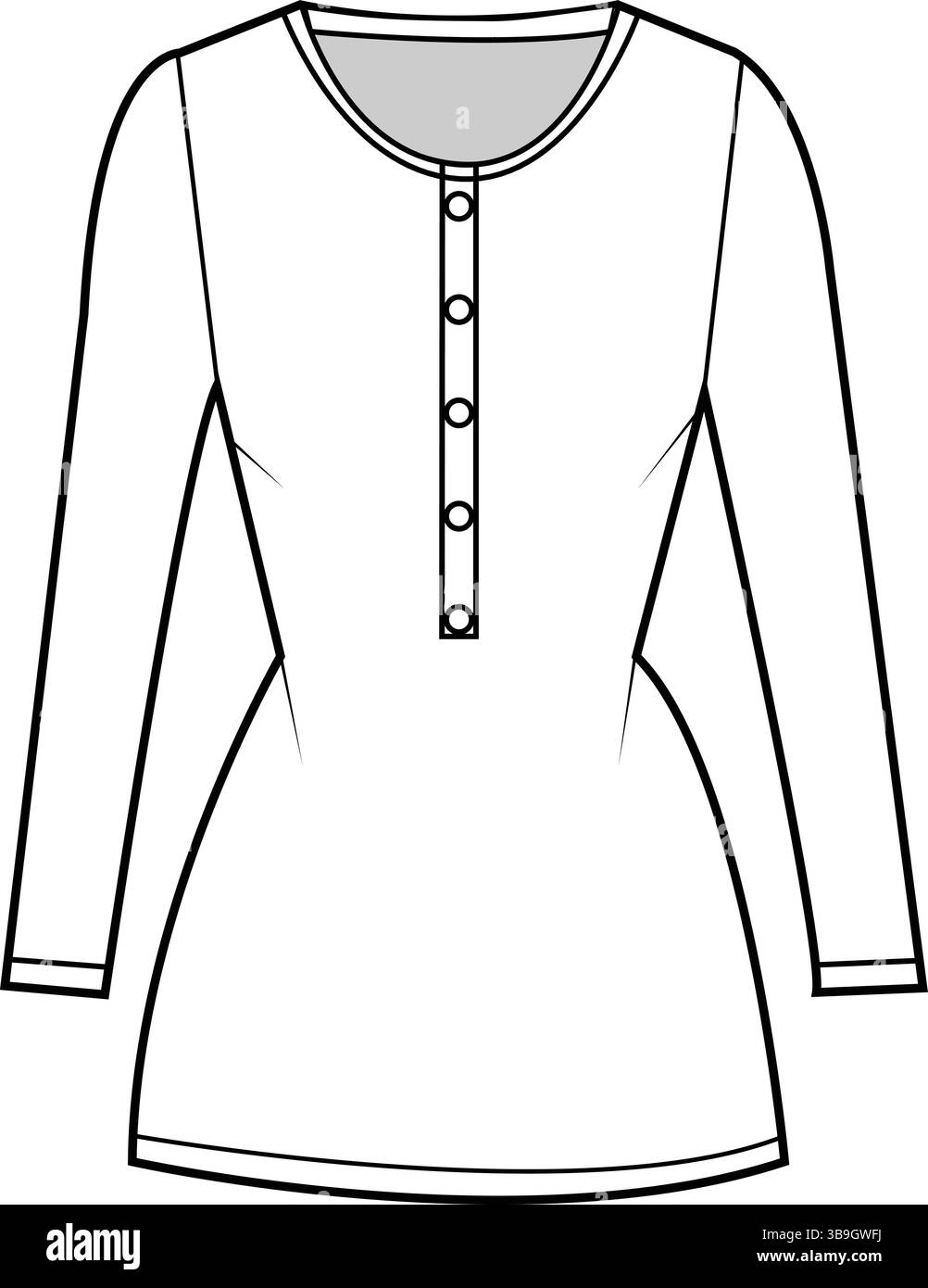 Profilo piatto minimalista di una tunica a manica lunga con bottoni frontali Illustrazione Vettoriale