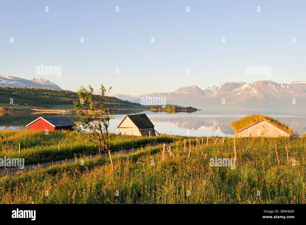 Strutture per il fiordo di Lyngen, Solvik Gard, Lyngseidet, Lyngen Alps, regione di Lyngen, contea di Troms, Norvegia, Europa settentrionale Foto Stock