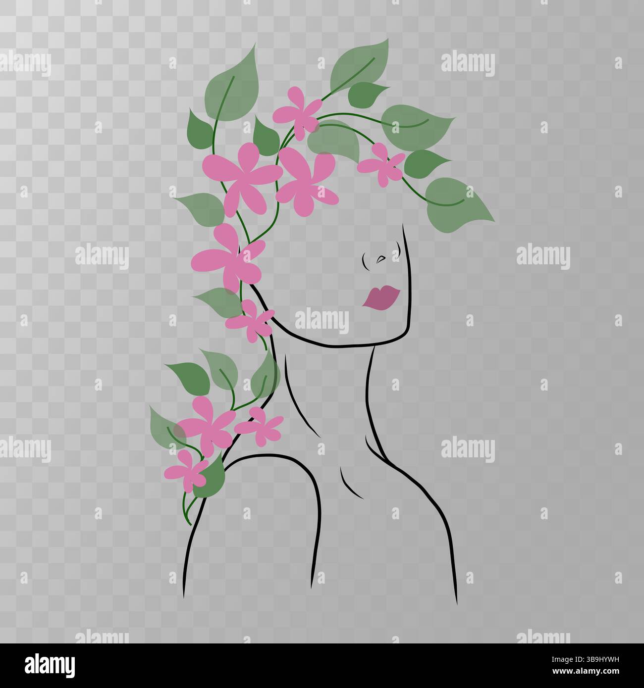 Contorno donna floreale. Elegante silhouette femminile. Arte ispirata alla natura. Sfondo trasparente. Illustrazione Vettoriale