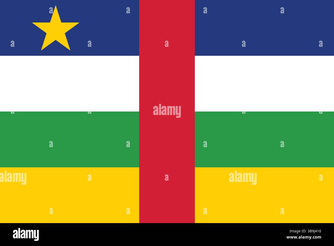 Bandiera della Repubblica Centrafricana. Illustrazione vettoriale digitale con proporzioni e colori ufficiali della bandiera della Repubblica Centrafricana. Illustrazione Vettoriale