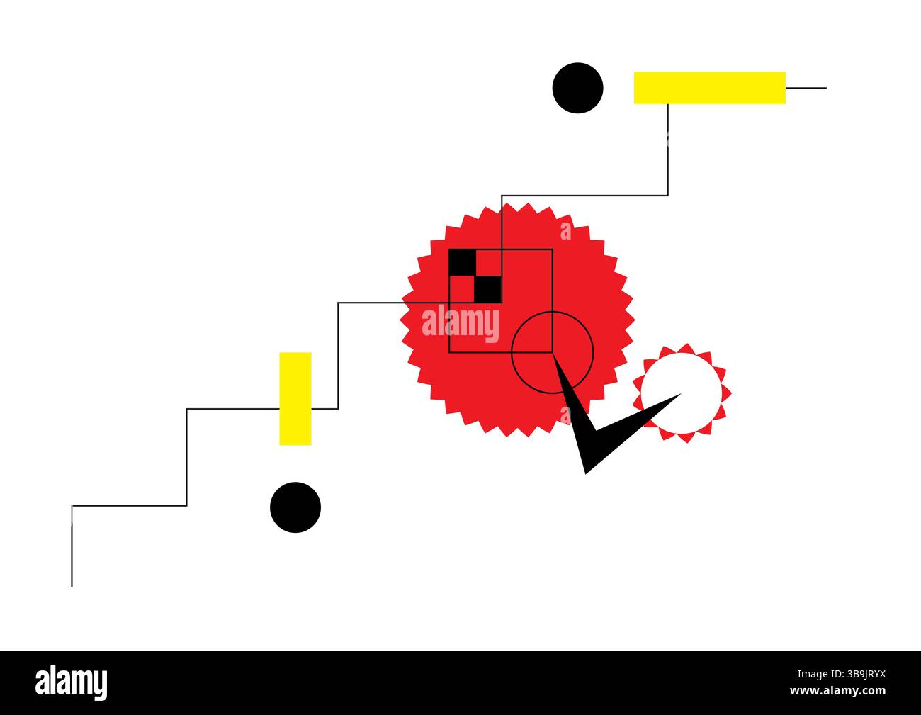 Illustrazione geometrica astratta che evoca movimento meccanico e tensione dinamica attraverso forme, colori primari e composizione ritmica. Foto Stock