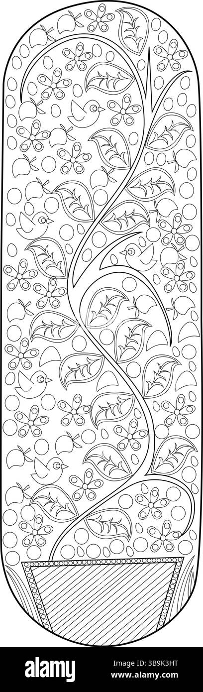 Illustrazione a linee bianche e nere della lettera maiuscola "i" con un motivo decorativo intricato caratterizzato da vite vorticosa, foglie e flowe Illustrazione Vettoriale