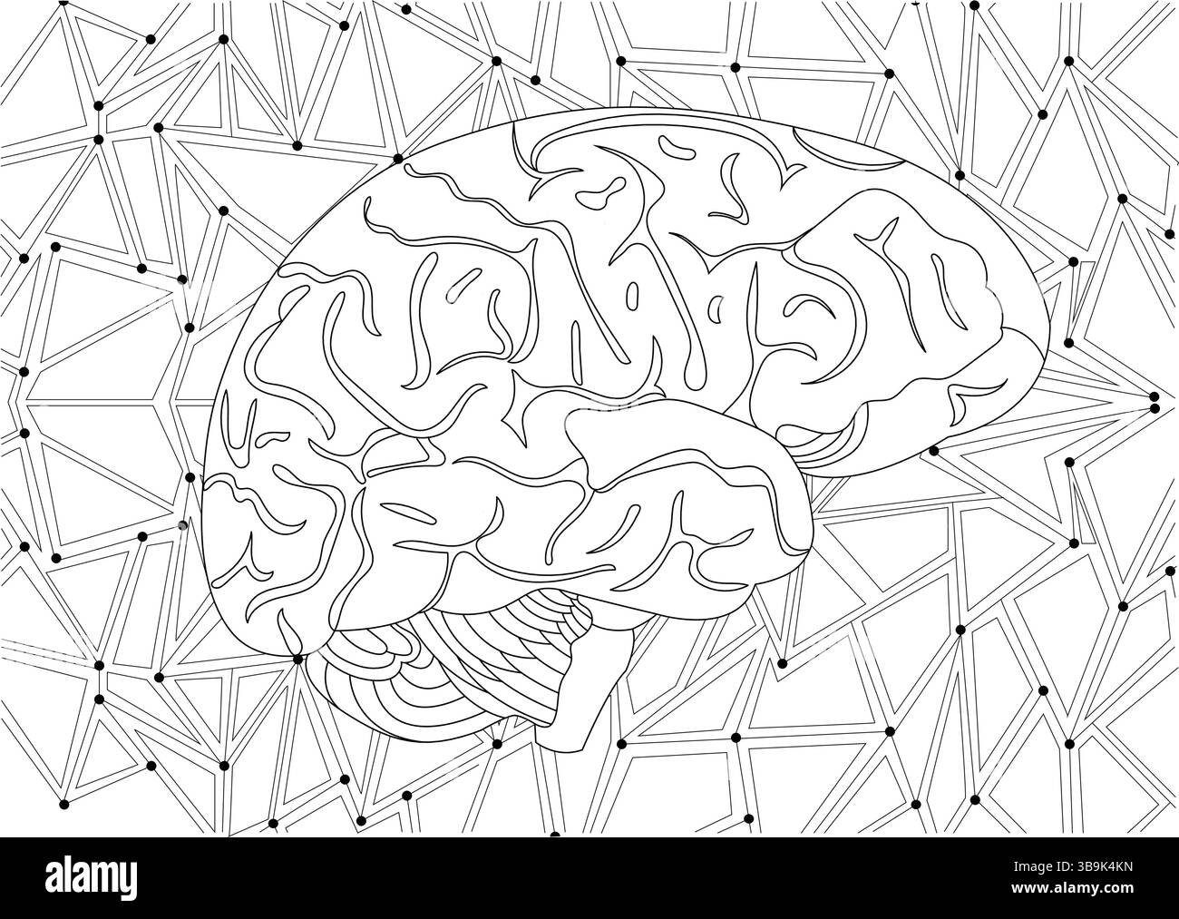 Illustrazione dettagliata di un cervello umano nella vista del profilo, su uno sfondo geometrico astratto della rete con linee e punti di connessione. R Illustrazione Vettoriale