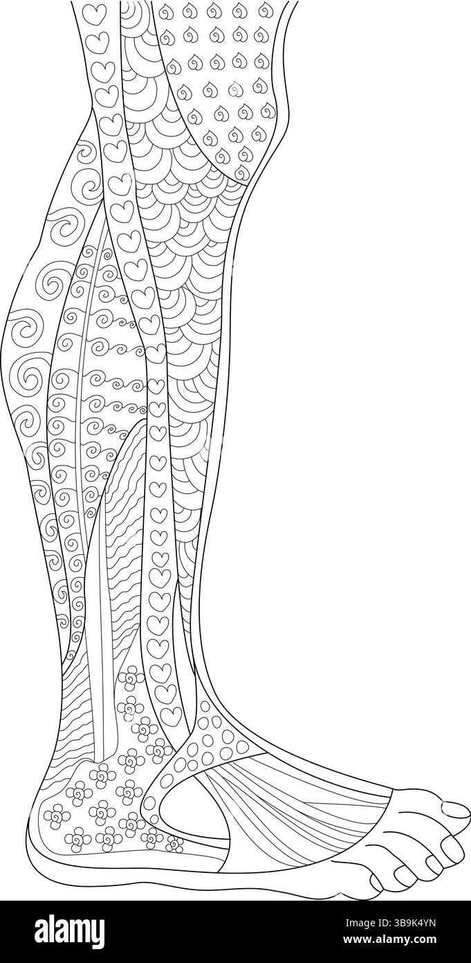 Linee in bianco e nero che illustrano una gamba e un piede umani, stilizzati con vari motivi decorativi quali cuori, vortici, bilance, fiori, Illustrazione Vettoriale