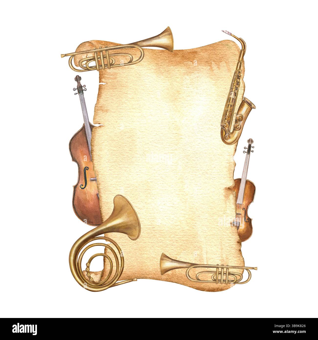 Rotolo giallo invecchiato ad acquerello e illustrazione di strumenti musicali classici in stile vintage. Violino, violoncello, sassofono, tromba, horni francesi Foto Stock