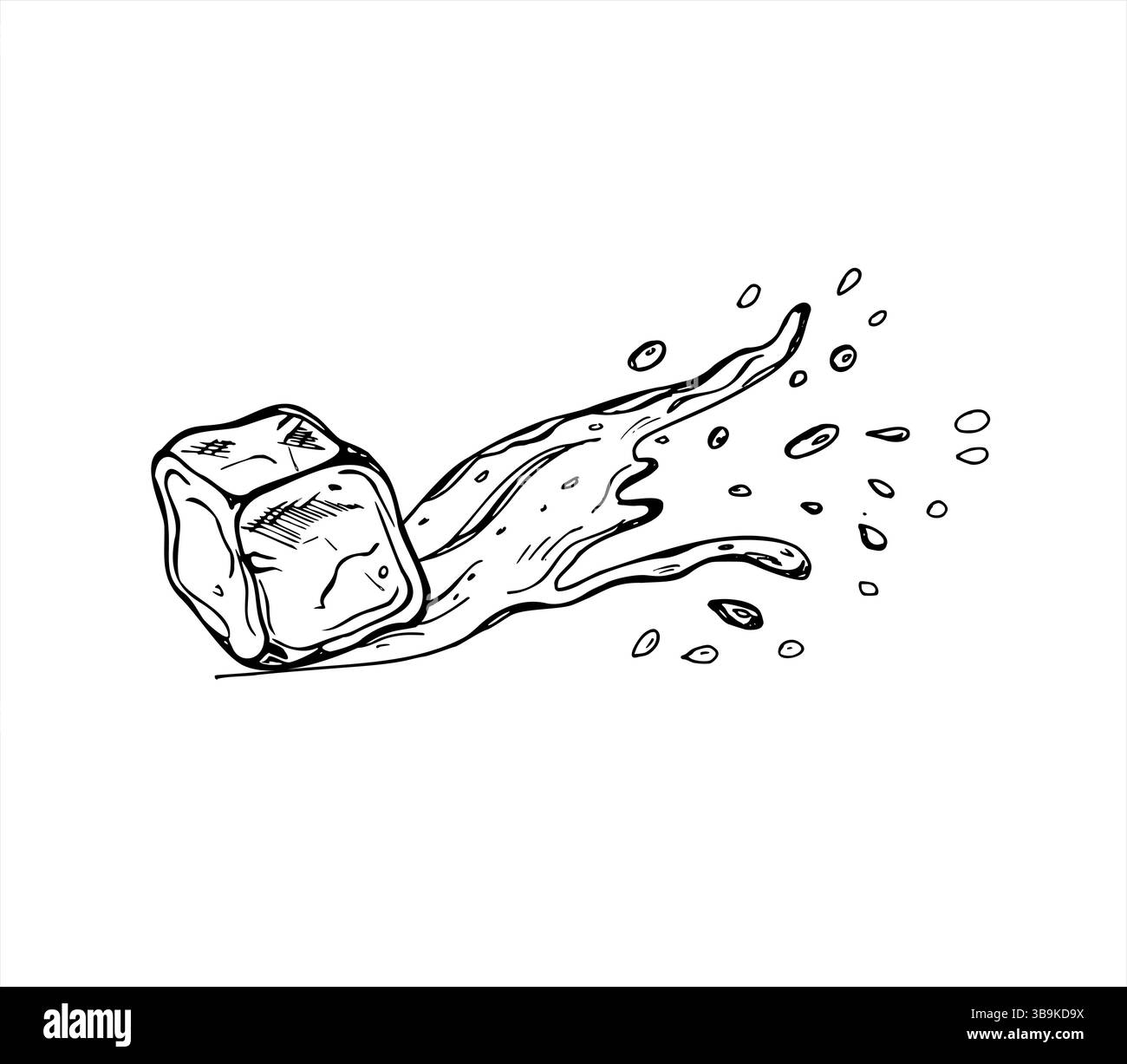 Cubetto di ghiaccio con schizzi energetici e gocce d'acqua illustrazione vettoriale dinamica in bianco e nero. Disegno grafico di acqua congelata o succo di frutta, branding delle bevande Illustrazione Vettoriale