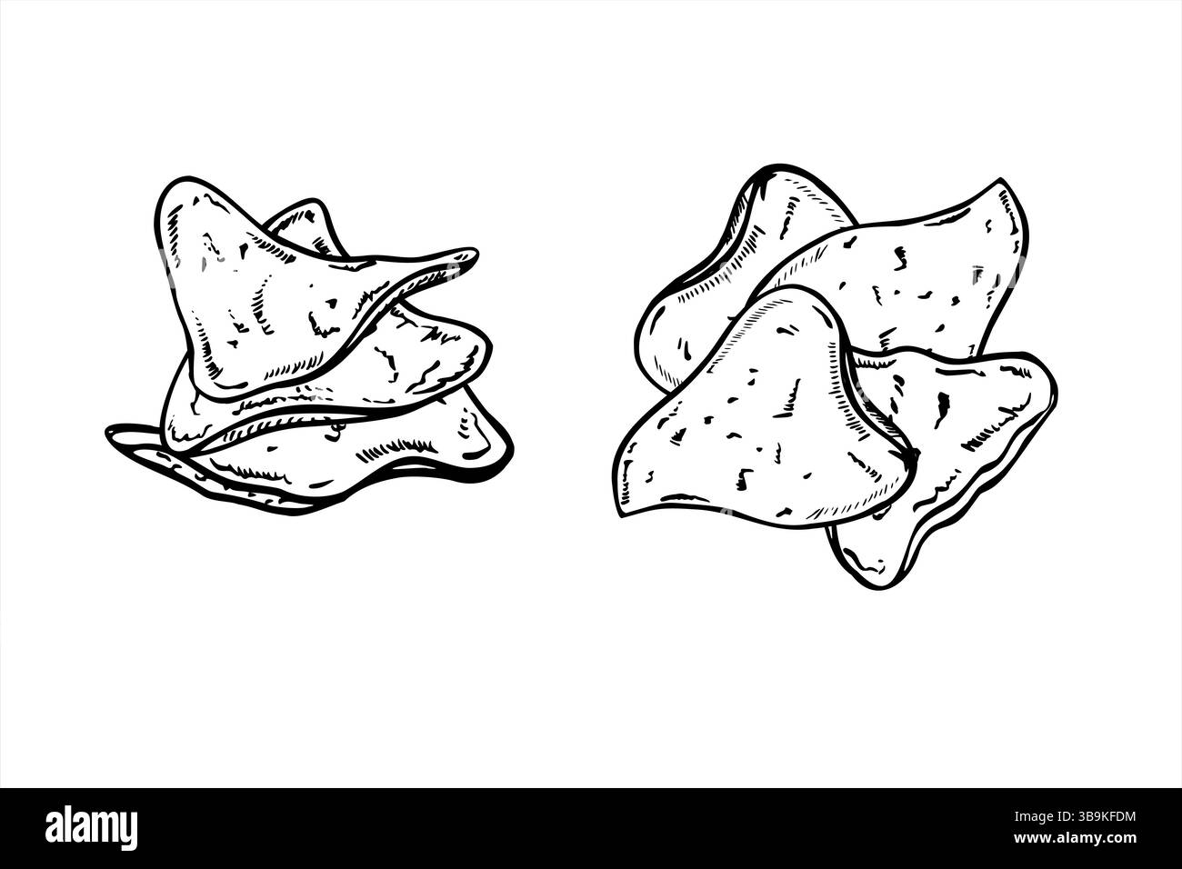 Illustrazione vettoriale di chip nachos triangolari in stile lineare monocromatico. Disegno inciso di nacho heap clip art. Cibo di strada per il ristorante messicano Illustrazione Vettoriale