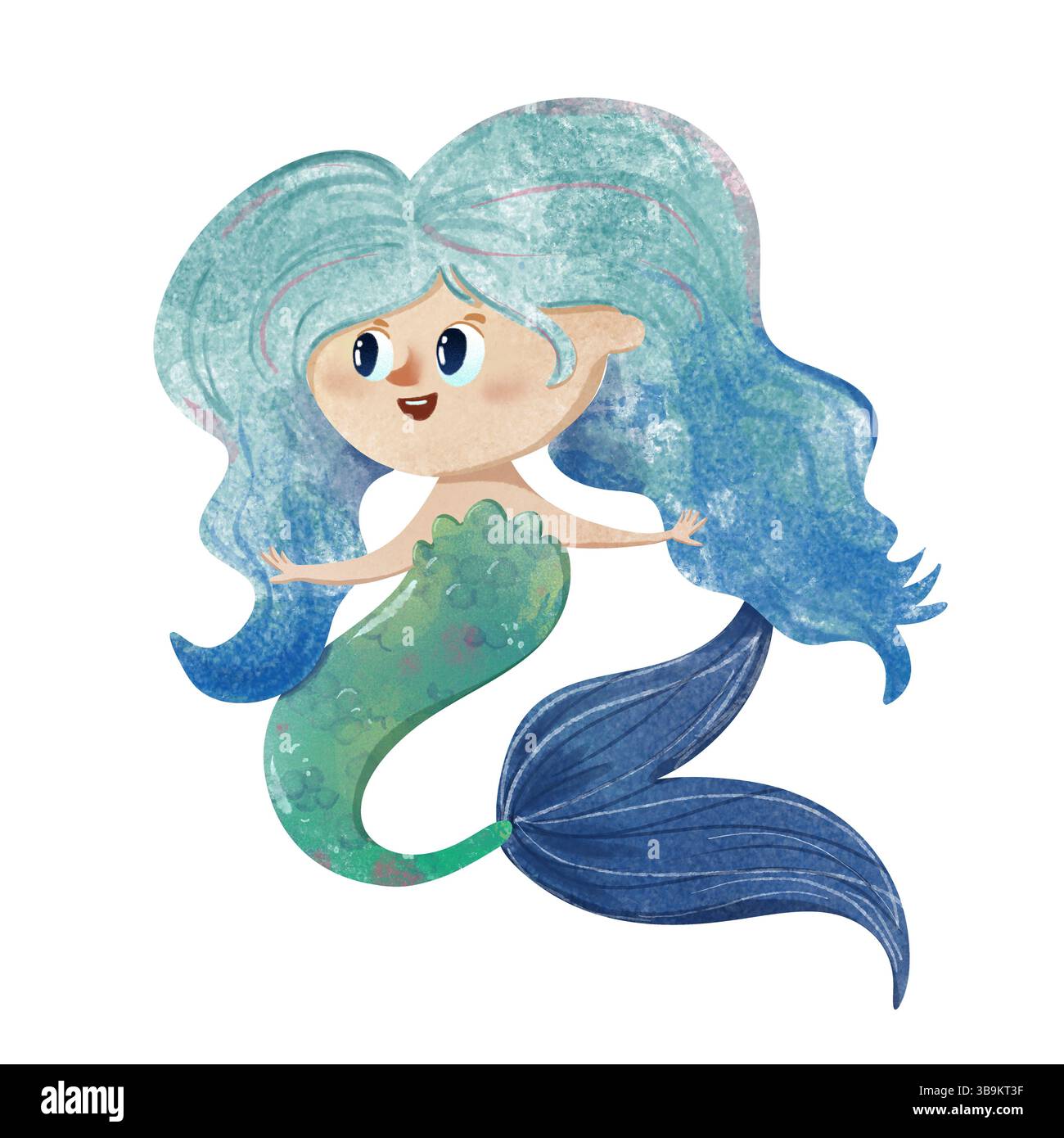 Simpatica sirena con grandi occhi aperti, faccia sorridente, capelli blu e coda verde-blu. Illustrazione digitale ad acquerello disegnata a mano in stile per bambini. Foto Stock