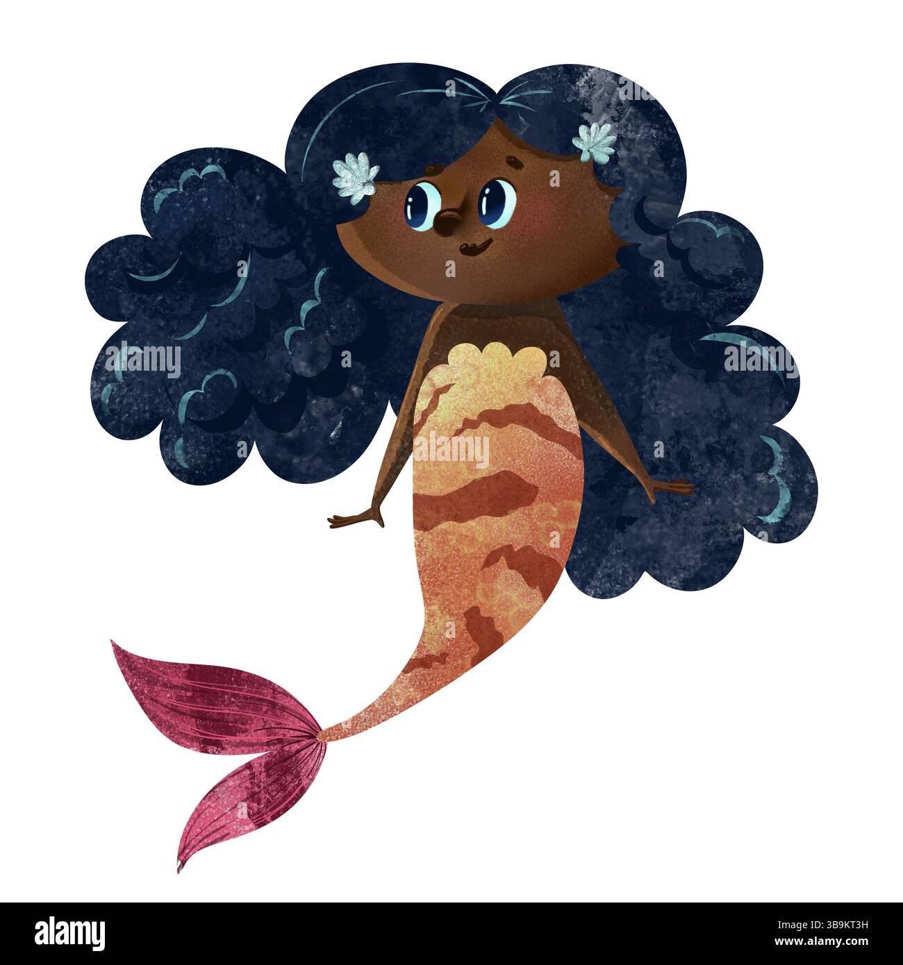 Simpatica sirena dalla pelle scura con grandi occhi aperti, faccia sorridente, capelli blu scuro e coda gialla ispirata a koi con macchie rosse. Dipinto a mano digitale con Foto Stock