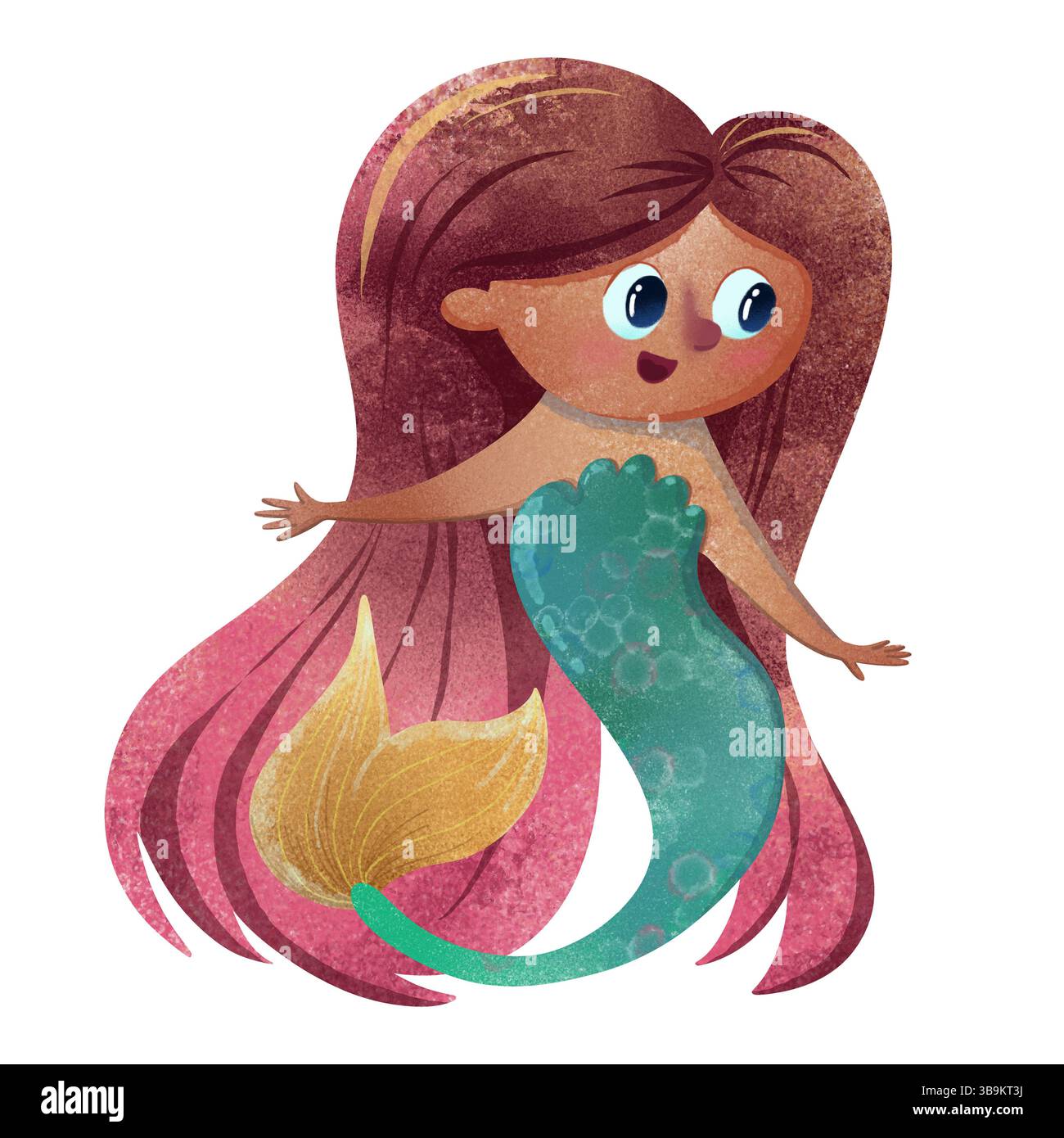 Simpatica sirena con grandi occhi aperti, faccia sorridente, capelli ondulati rossi e gialli e coda verde arricciata. Le braccia si aprono completamente. Acquerello digitale i disegnato a mano Foto Stock