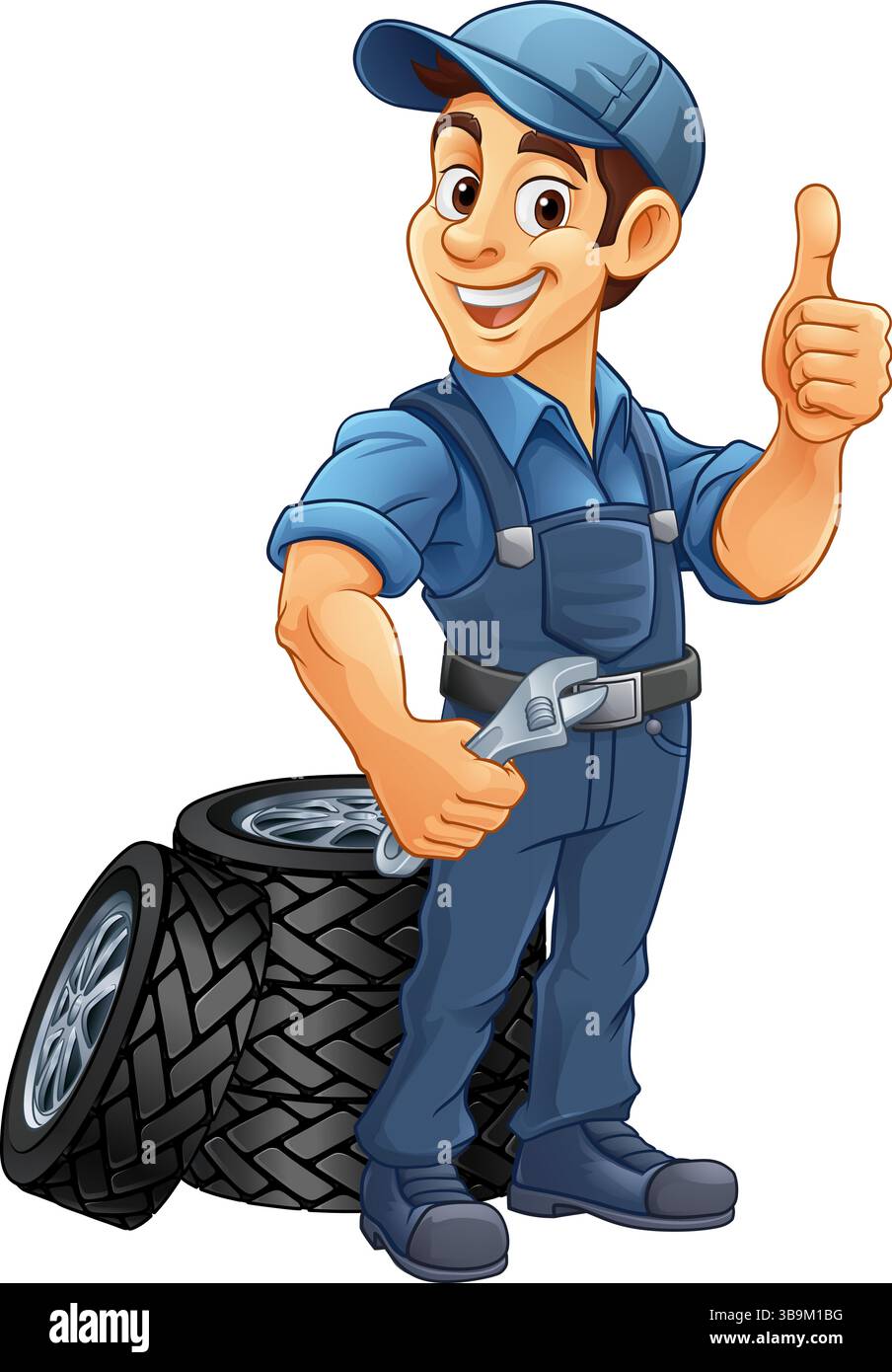 Pneumatico pneumatico meccanico per l'assistenza auto Mascotte Cartoon Man Illustrazione Vettoriale