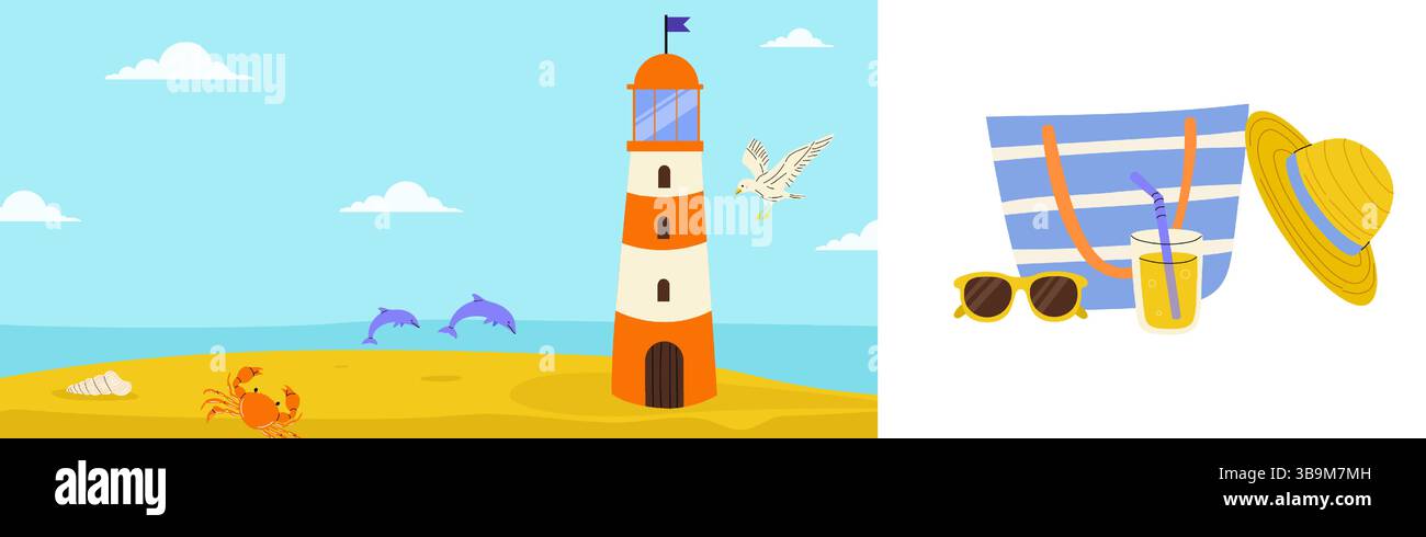 Borsa da spiaggia colorata, occhiali da sole, cappello e bevanda rinfrescante pronta per il divertimento estivo in riva al mare Illustrazione Vettoriale