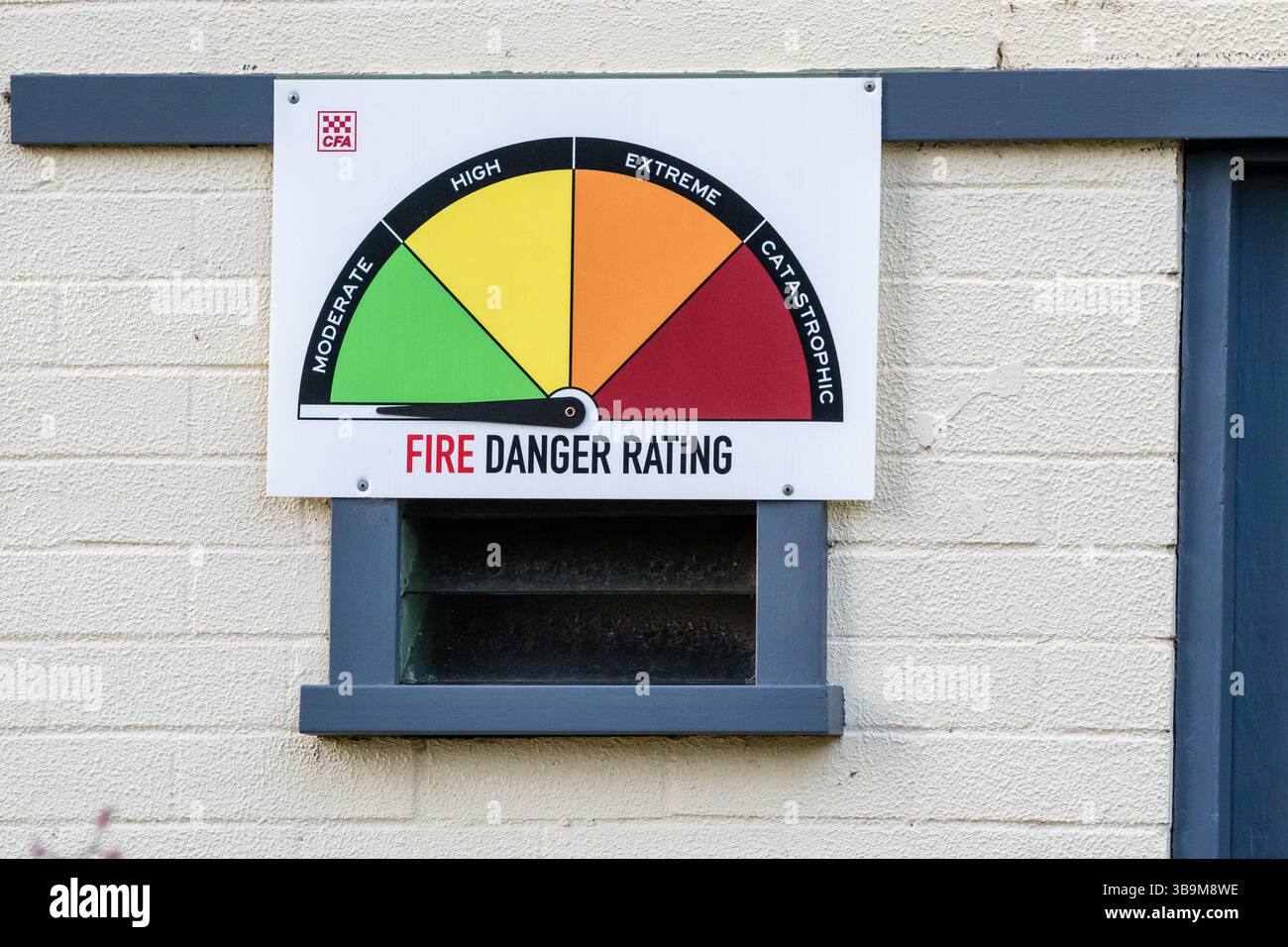 Segnale di pericolo di incendio, codice colore, moderato, Kennet River Family Caravan Park, Australia Foto Stock
