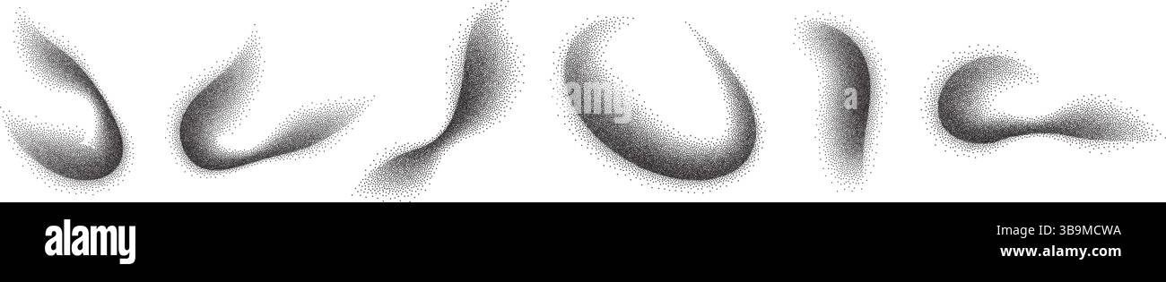 Design a puntini con pennello che mostra effetti sfumati e texture nere granulose in forme astratte. Il gradiente di disturbo della texture viene applicato a Dotwork. Illustrazione Vettoriale