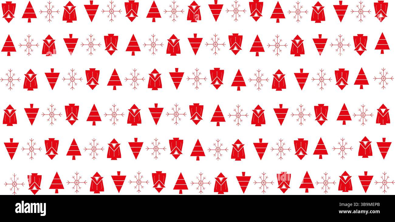 Tappezzeria con abeti, fiocchi di neve e Babbo Natale in fila, su sfondo bianco Foto Stock