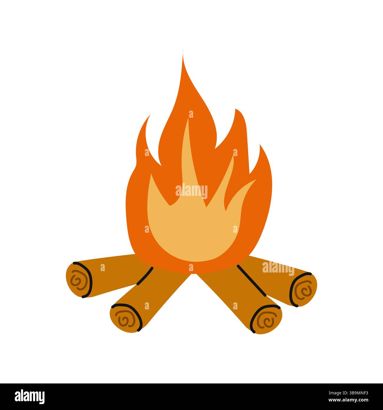 Accogliente camino con fiamme e tronchi accesi in un ambiente all'aperto sereno di notte Illustrazione Vettoriale