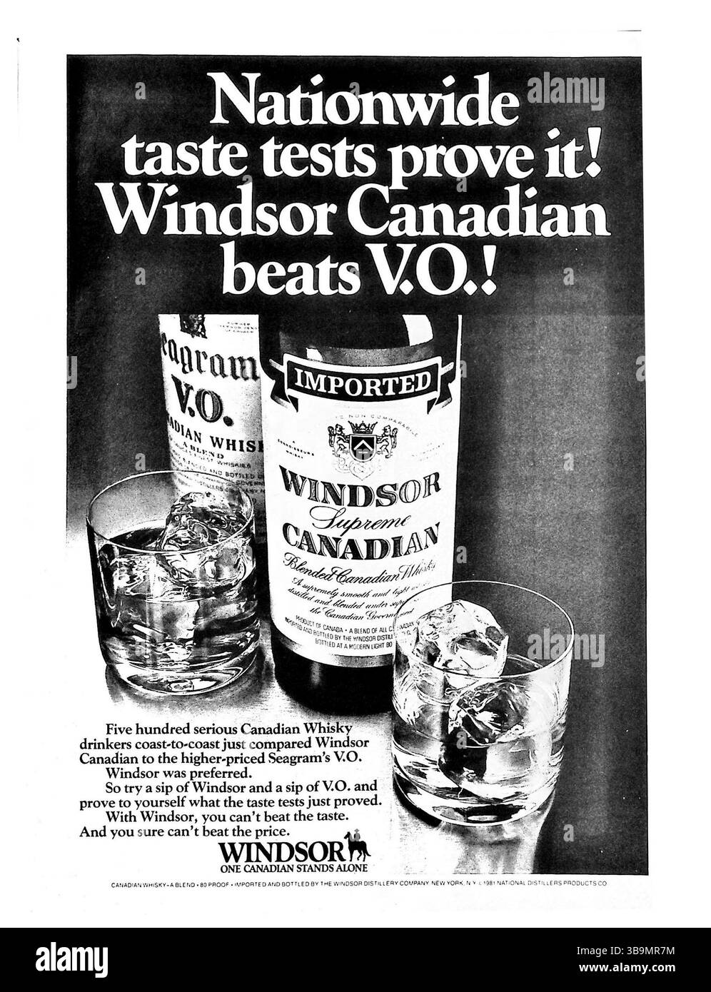Un annuncio del 1982 per il Windsor Supreme Canadian Whisky che affermava che in un test su 500 seri bevitori di whisky canadesi Windsor era la scelta preferita in confronto a Seagrams V.O. Foto Stock