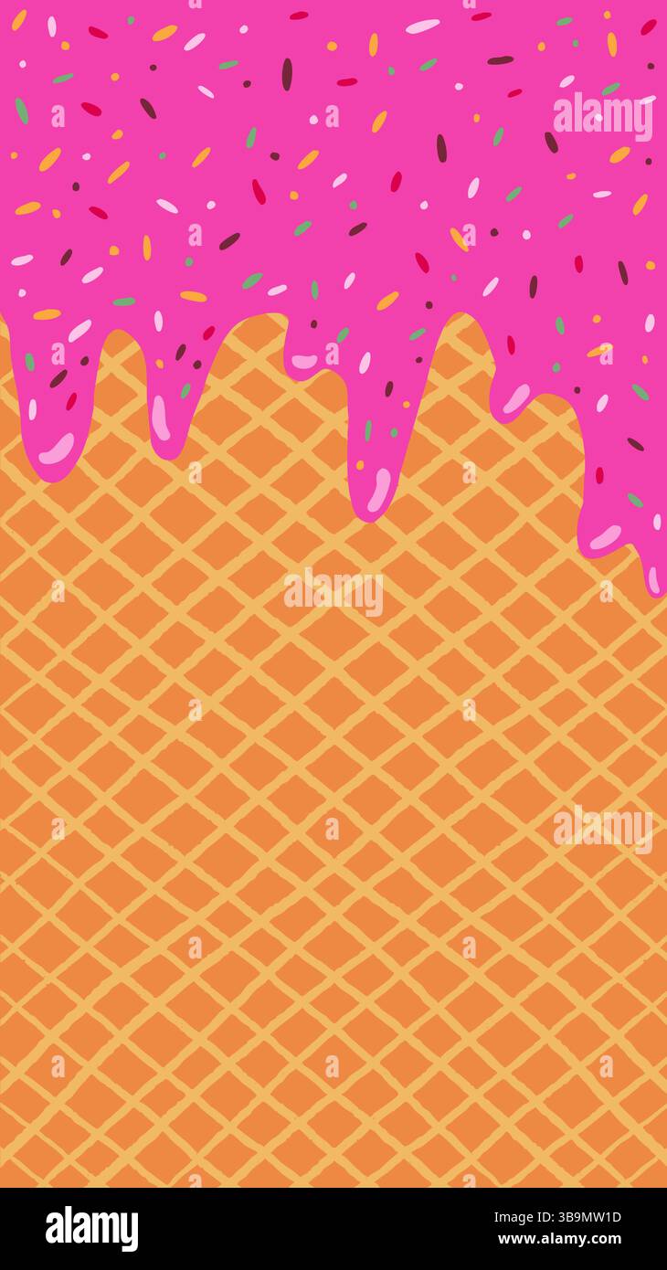 Un'illustrazione della fusione del gelato su un cono di cialde con coloratissime macchie di zucchero e cioccolato, volantini estivi, brochure o menu Foto Stock