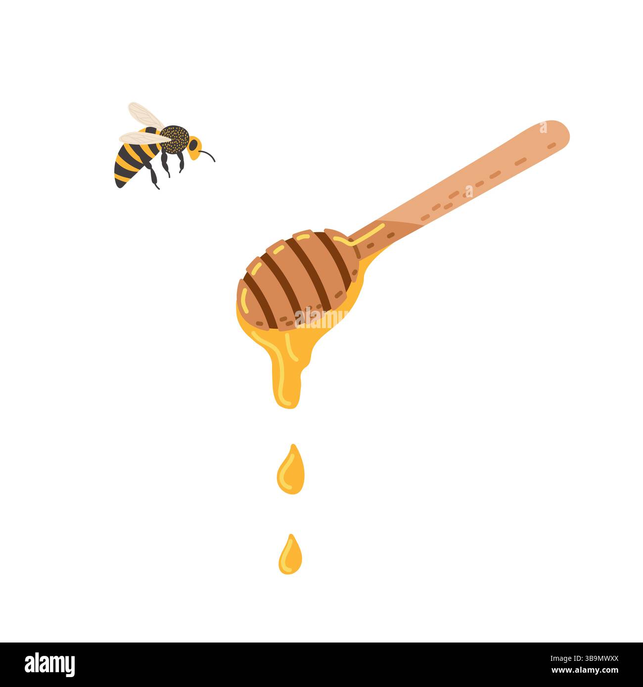 Il miele gocciola da un cucchiaio di legno mentre un'ape si libra nelle vicinanze in una semplice illustrazione Illustrazione Vettoriale