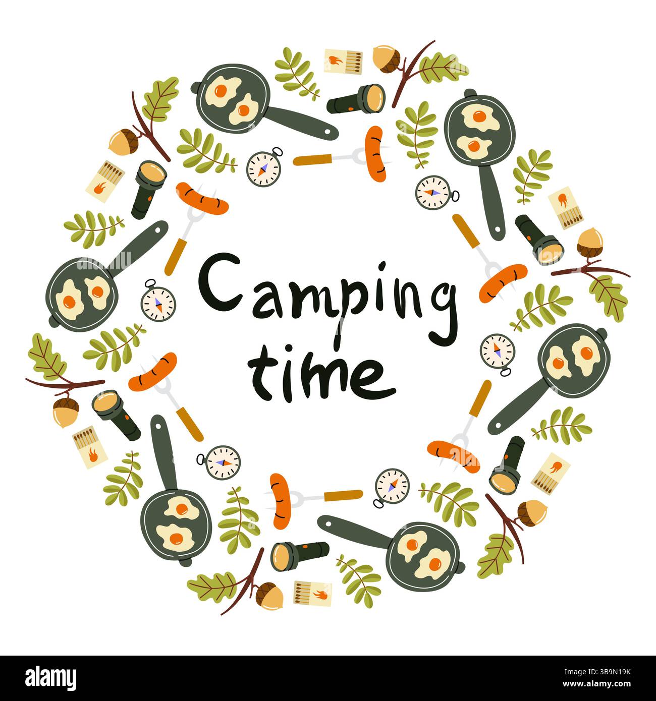 Goditi il tempo di campeggio con cucina all'aperto e divertenti attività nella natura Illustrazione Vettoriale