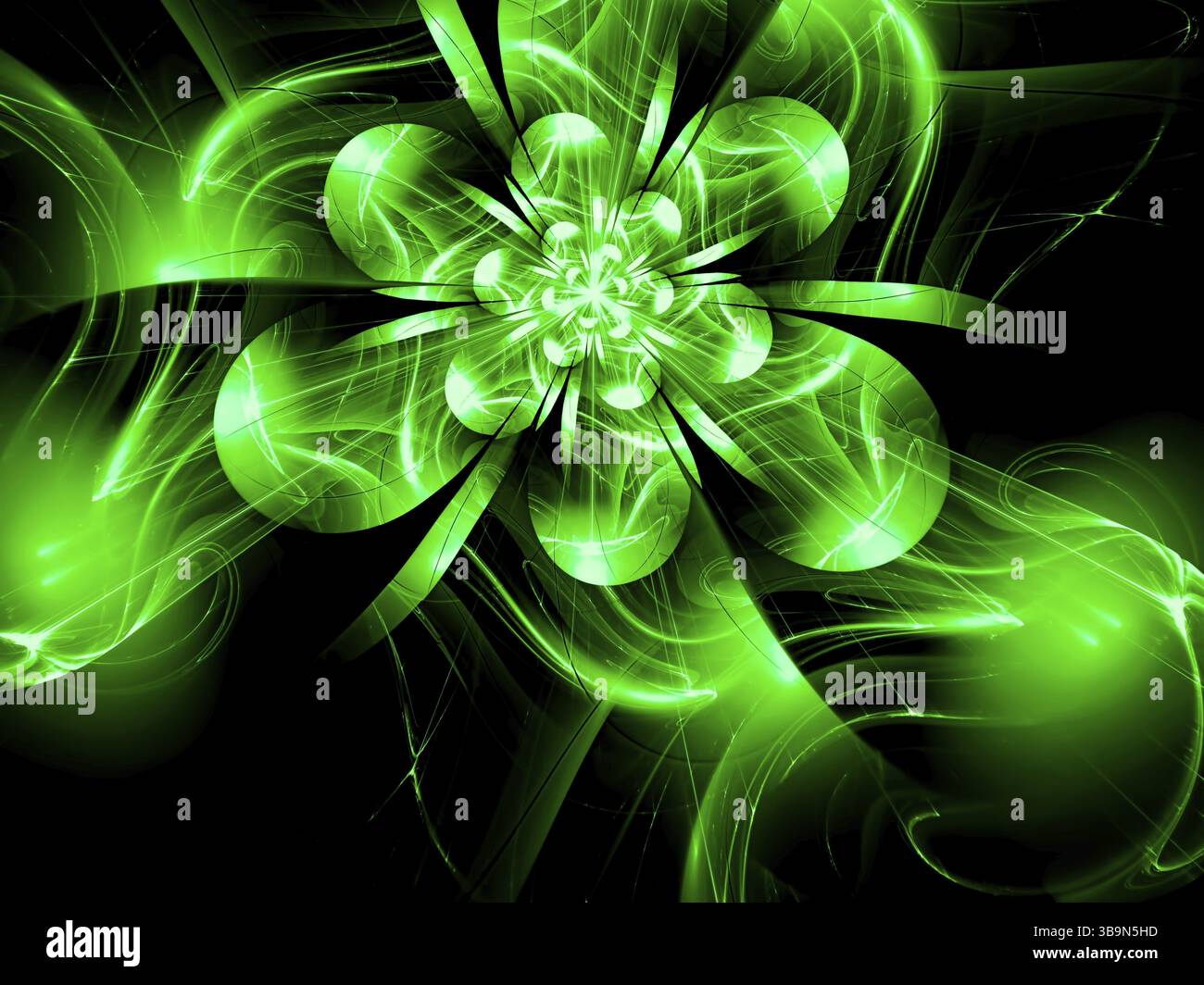 Fiore di vetro frattale - immagine astratta generata al computer. Arte digitale: Petali lucidi luminosi su sfondo ondulato. Per schede, poster, banner Foto Stock