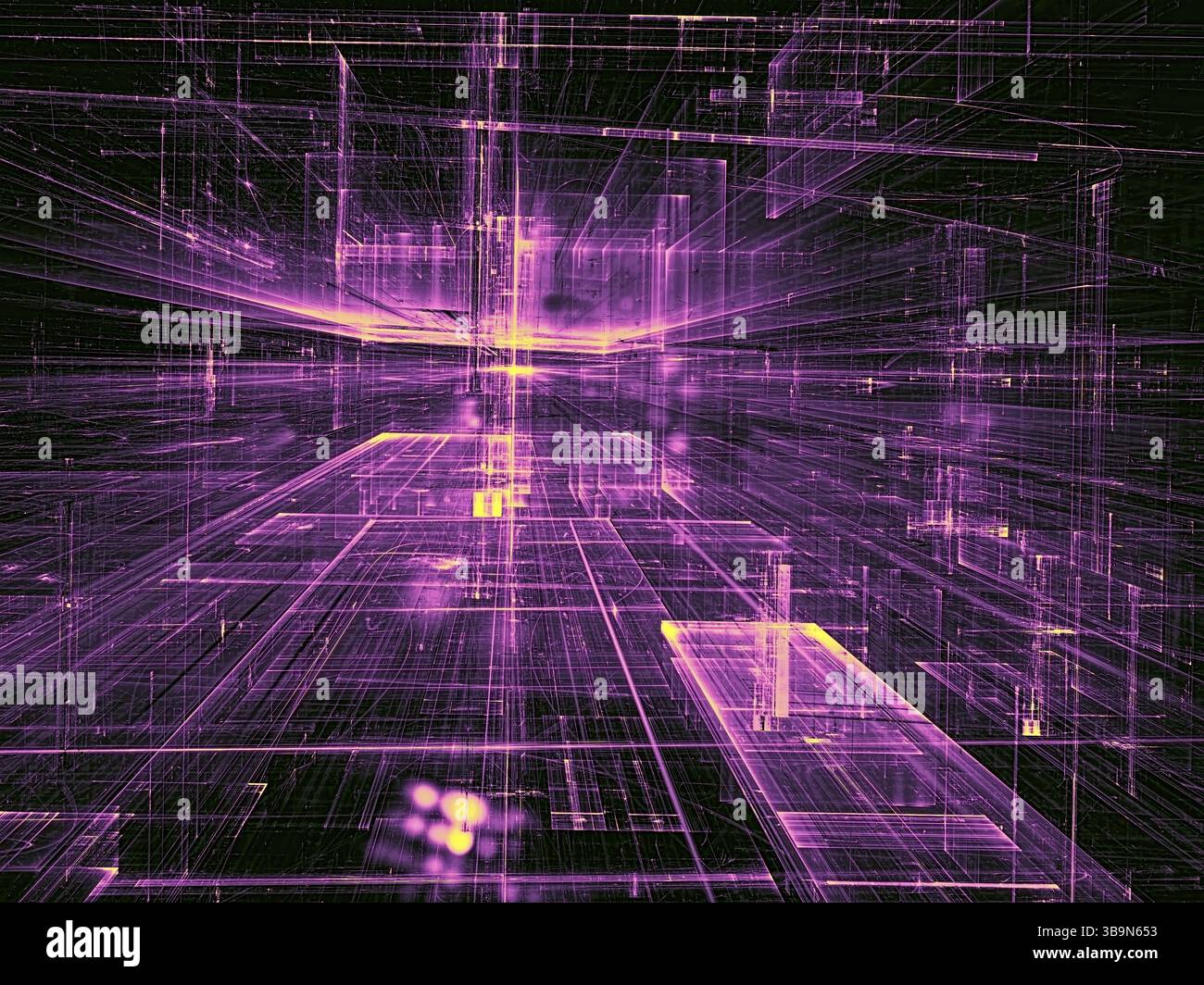 Sfondo tecnologico moderno con effetti di luce - immagine astratta generata dal computer. Geometria frattale: Sala di vetro o costruzione futuristica. Per Cove Foto Stock
