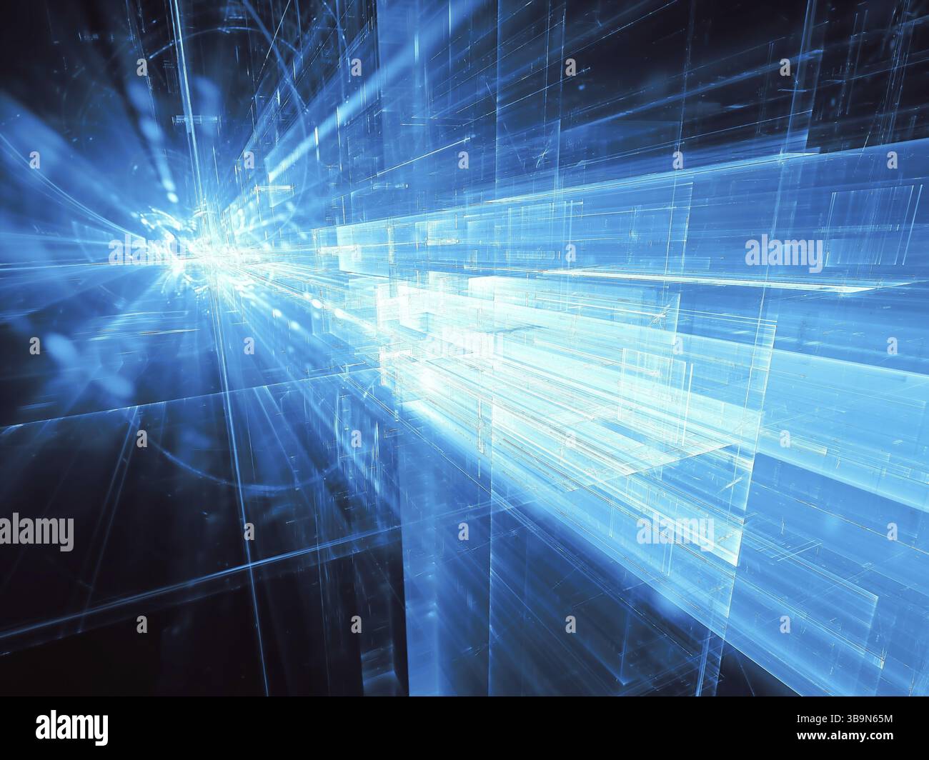 Blue futura tecnologia o fantascienza dello sfondo. Calcolatore astratto-immagine generata. Geometria Frattale: blocchi di caos e burst con raggi. Per il web d Foto Stock