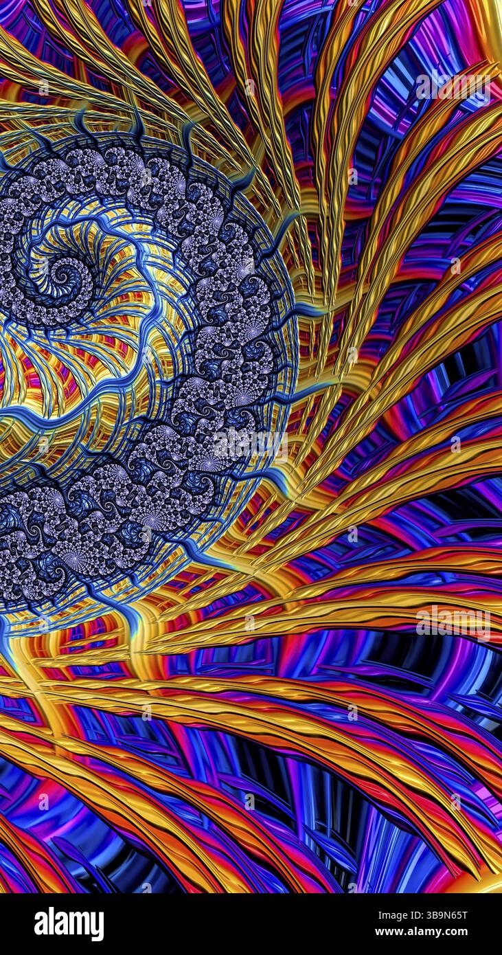 Sfondo a spirale astratto - immagine generata dal computer. Geometria frattale - spirale testurizzata circondata da strisce colorate intrecciate. Per coperture, nastro di Foto Stock