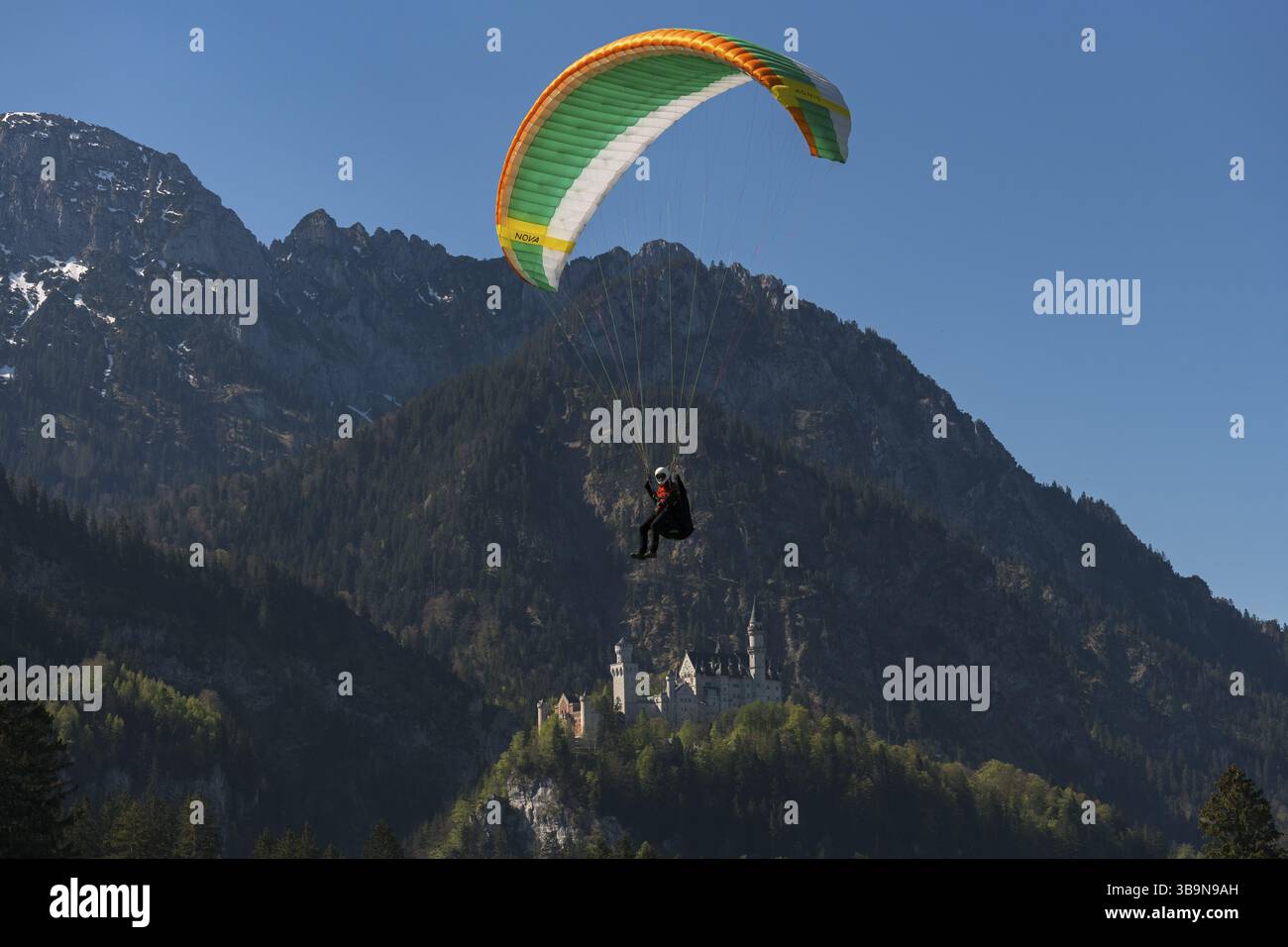 Un parapendio sorvola un paesaggio alpino con il castello di Neuschwanstein e le montagne boscose, Schwangau vicino a Fuessen, il quartiere di Ostallgaeu, la Svevia, Ba Foto Stock