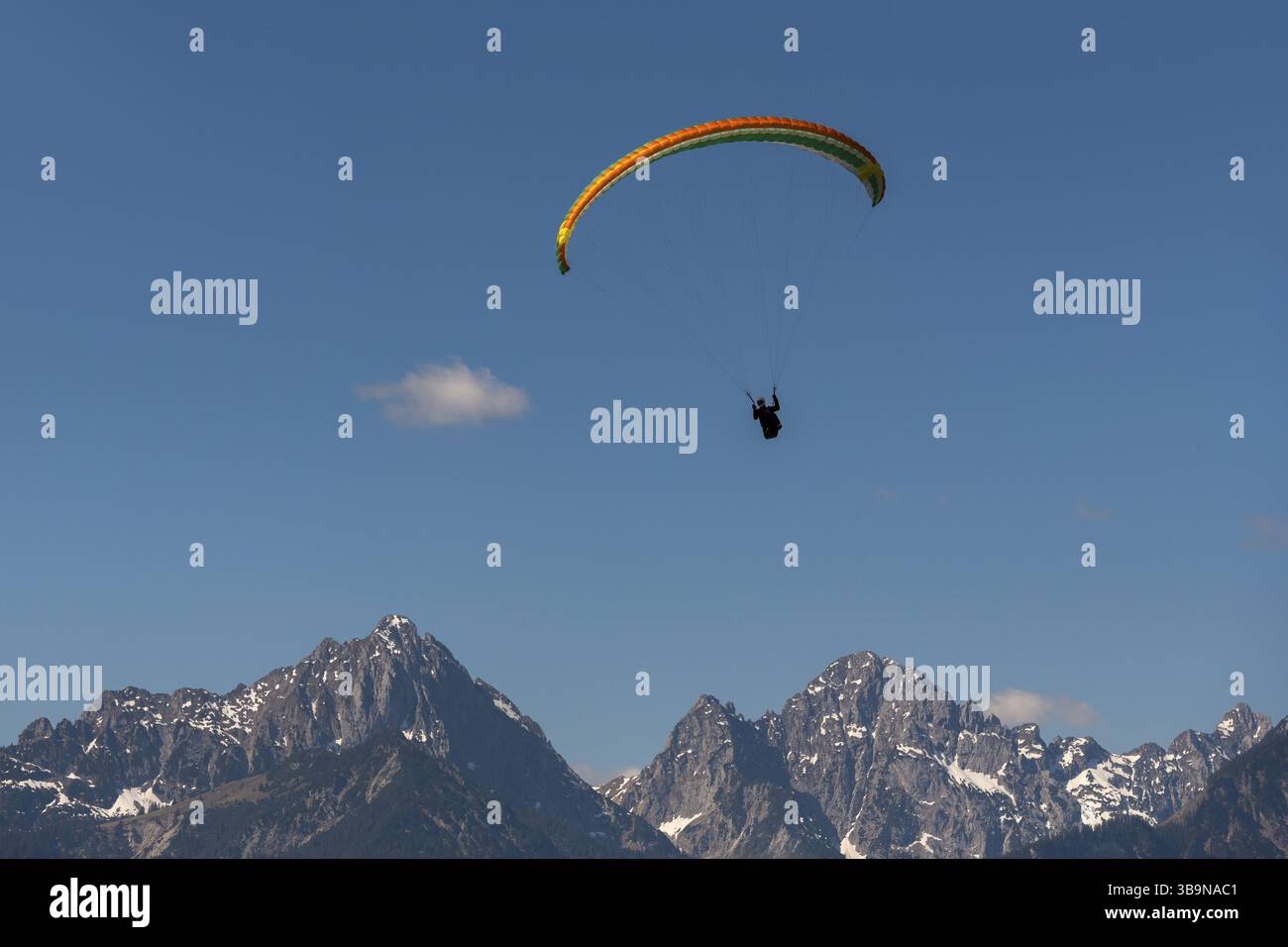 Parapendio sulle montagne innevate, i colorati alianti che si sollevano dal cielo, Schwangau vicino a Fuessen, il quartiere Ostallgaeu, la Svevia, la Baviera, GE Foto Stock