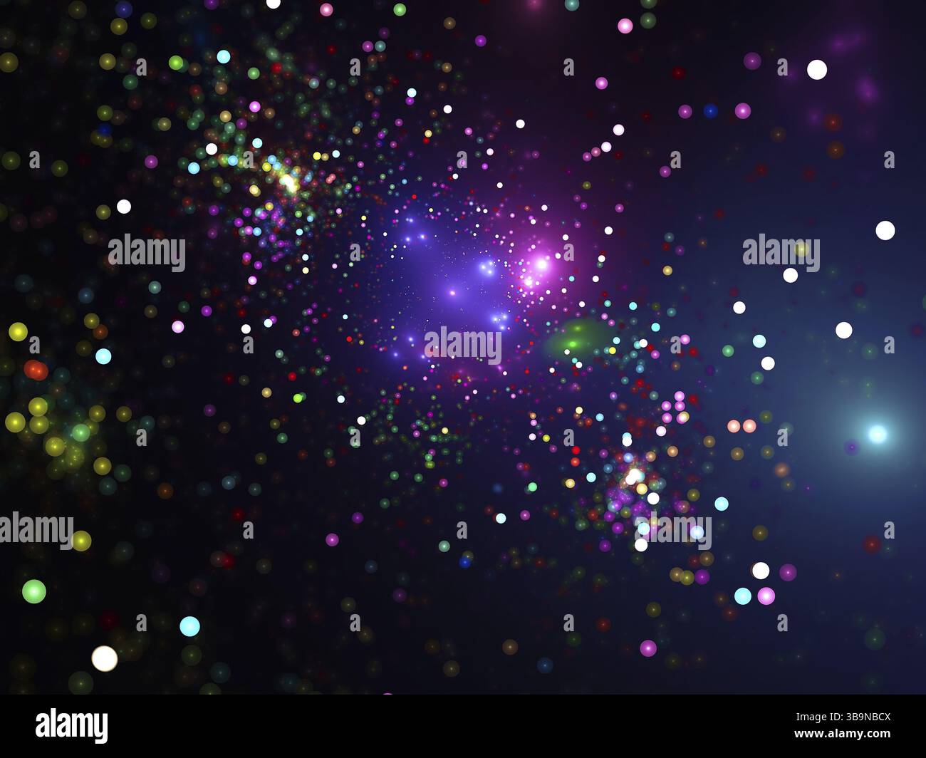 Cielo con stelle - sfondo sfocato generato dal computer. Paesaggio spaziale astratto con diversi oggetti: Punti luminosi, raggi di luce, galassie, stella c Foto Stock