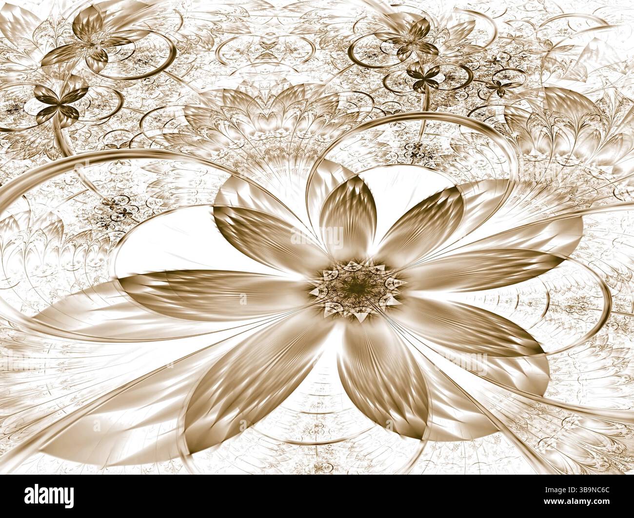 Fiore frattale - immagine astratta generata al computer. Arte digitale: Insolito fiore misterioso con petali testurizzati su sfondo con motivi intricati. Foto Stock