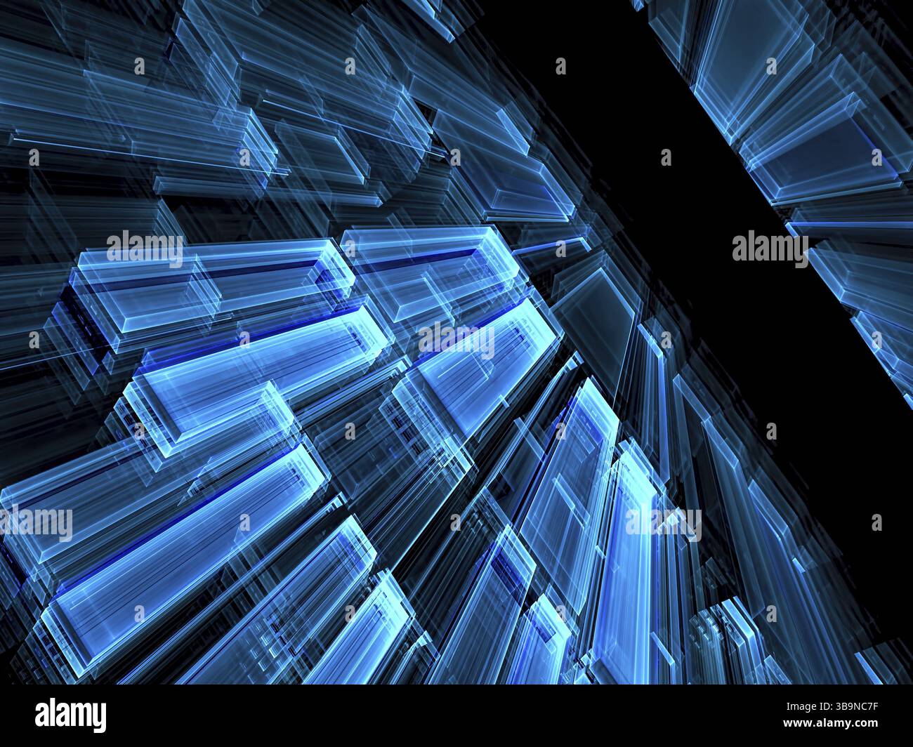 Background della tecnologia prospettica - immagine astratta generata dal computer. Geometria frattale: Rettangoli di vetro disposti diagonalmente, volando verso l'orizzonte. Foto Stock